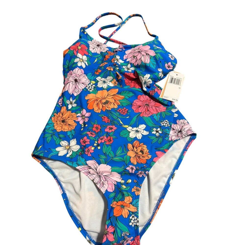 Christina Blue One Piece Swimsuit New Size Large Blue w/ Multicolor Flowers